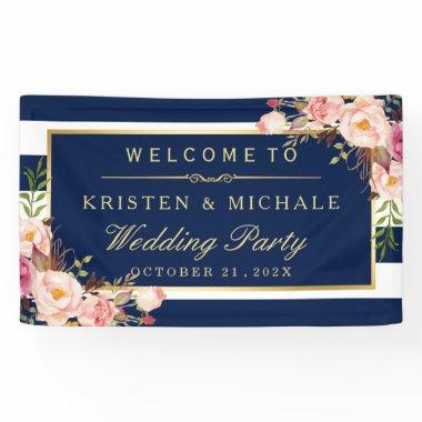 Modern Classy Navy Blue Floral Wedding Party Banner