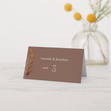 Modern Coffee Brown and Gold Leaf Wedding Place Invitations