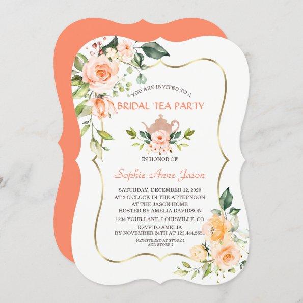 Modern Coral Flowers Bridal Shower Tea Party Invitations