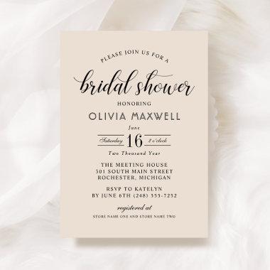Modern Cream Black Script Wedding Bridal Shower Invitations
