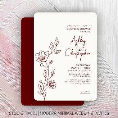 Modern Crimson Red Foliage Outline Wedding Shower