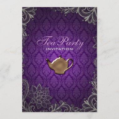 modern damask purple bridal shower tea party Invitations