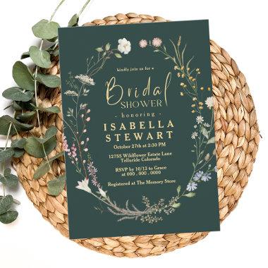 Modern Dark Green Wildflower Boho Bridal Shower Invitations