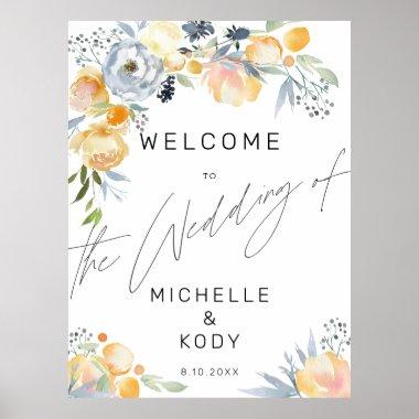 Modern Denim and Peach Watercolor Floral Wedding Poster