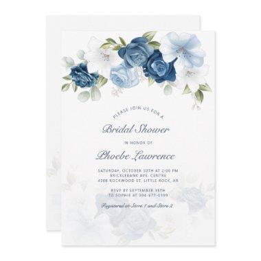 Modern Dusty Blue Floral Bridal Shower Invitations