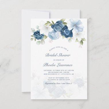Modern Dusty Blue Floral Bridal Shower Invitations