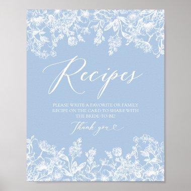 Modern Dusty Blue Floral Recipe Invitations Bridal Shower Poster