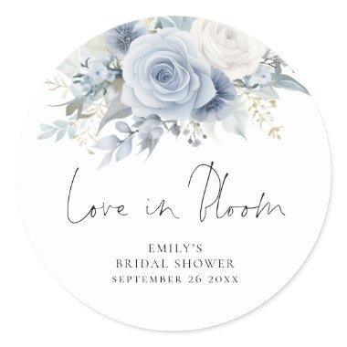Modern Dusty Blue Florals Love in Bloom Shower Classic Round Sticker
