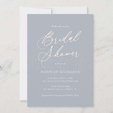 Modern Dusty Blue Script Bridal Shower Invitations