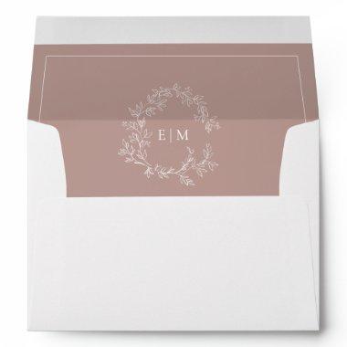 Modern Dusty Rose Leafy Crest Monogram Wedding Envelope