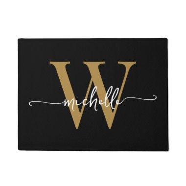 Modern Elegant Black Gold Monogram Name Script Doo Doormat