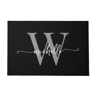 Modern Elegant Black Gray Monogram Name Script Doormat