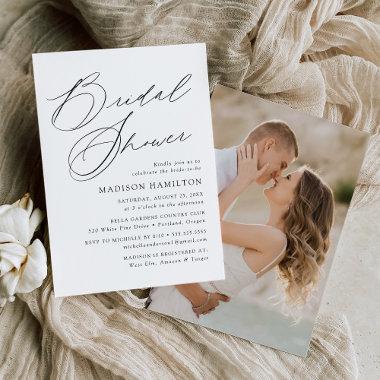 Modern Elegant Black Script Photo Bridal Shower Invitations