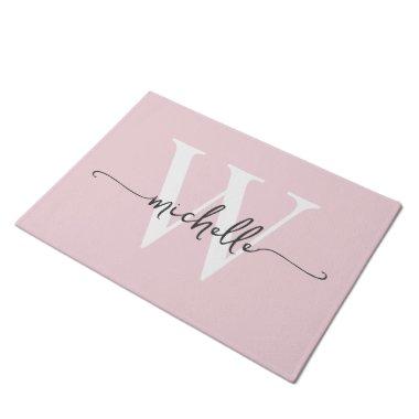 Modern Elegant Blush Pink Monogram Name Script Doormat