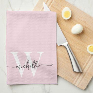 Modern Elegant Blush Pink Monogram Name Script Kitchen Towel