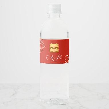 Modern elegant Chinese wedding floral script red Water Bottle Label