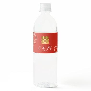 Modern elegant Chinese wedding floral script red Water Bottle Label