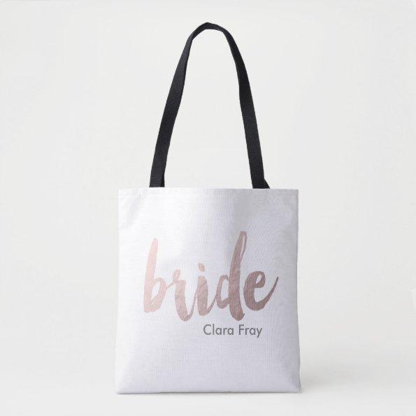 modern elegant clear faux rose gold "bride" tote bag