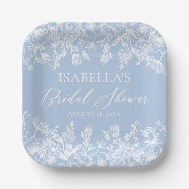 Modern Elegant Dusty Blue Wildflower  Paper Plates