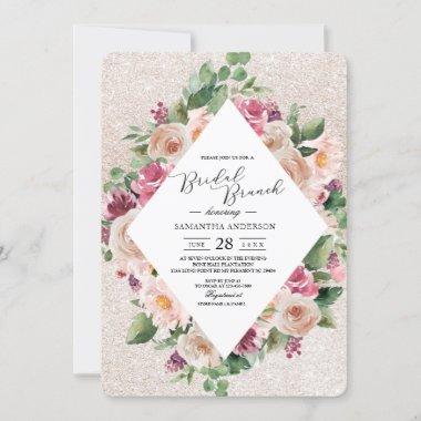 Modern Elegant Floral Frame & Pink Glitter Invitations