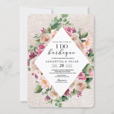 Modern Elegant Floral Frame & Pink Glitter Invitations