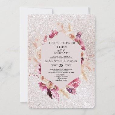 Modern Elegant Flowers Frame Glitter Pink Invitations