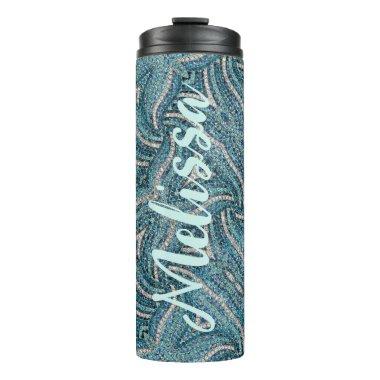 Modern Elegant Girly Turquoise Swirl Custom Name Thermal Tumbler