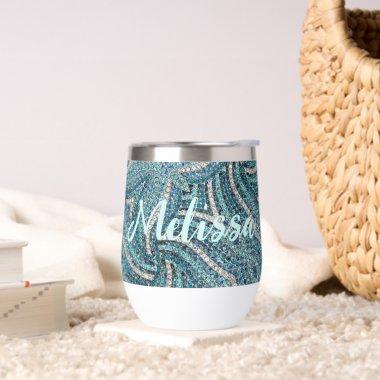 Modern Elegant Girly Turquoise Swirl Custom Name Thermal Wine Tumbler