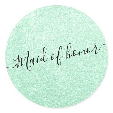 Modern elegant mint green glitter maid of honor classic round sticker