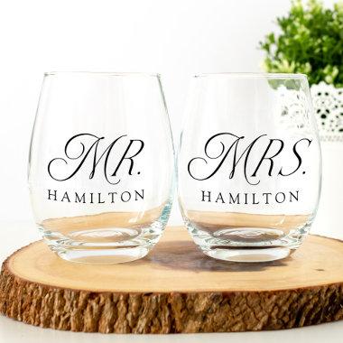 Modern Elegant Mr. and Mrs. Wedding Newlyweds Stemless Wine Glass