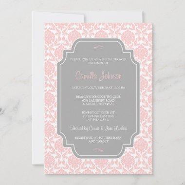 Modern Elegant Pink Damask Bridal Shower Invitations