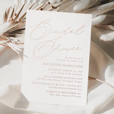 Modern Elegant Rose Gold Script Bridal Shower Foil Invitations