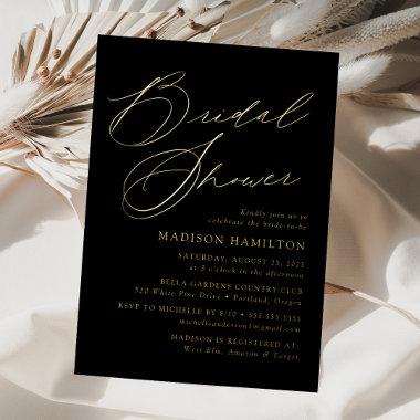 Modern Elegant Script Black and Gold Bridal Shower Foil Invitations