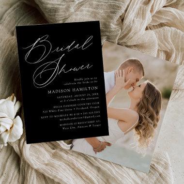 Modern Elegant Script Black Photo Bridal Shower Invitations