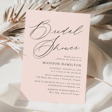 Modern Elegant Script Blush Bridal Shower Invitations