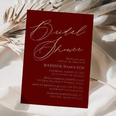 Modern Elegant Script Burgundy Bridal Shower Foil Invitations