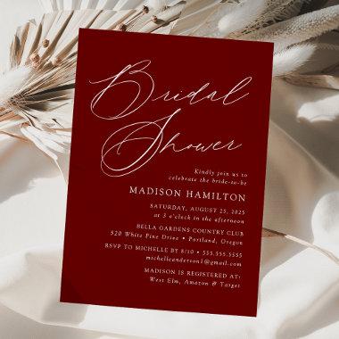 Modern Elegant Script Burgundy Bridal Shower Invitations