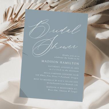 Modern Elegant Script Dusty Blue Bridal Shower Invitations