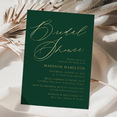 Modern Elegant Script Green and Gold Bridal Shower Foil Invitations