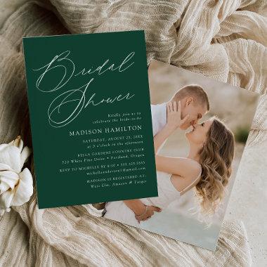 Modern Elegant Script Green Photo Bridal Shower Invitations