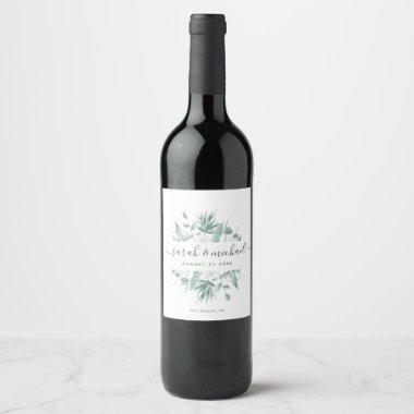 Modern Elegant Script Greenery Wedding Favor Wine Label