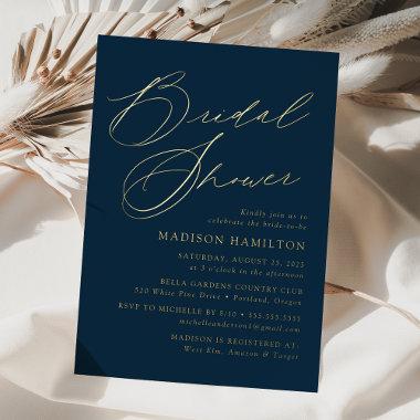 Modern Elegant Script Navy and Gold Bridal Shower Foil Invitations