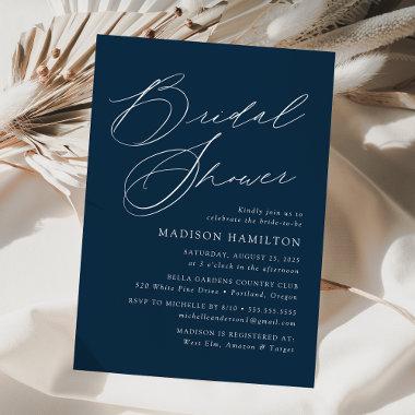 Modern Elegant Script Navy Bridal Shower Invitations