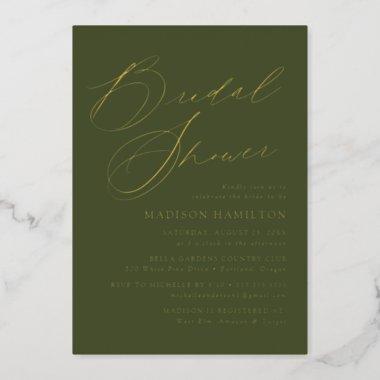 Modern Elegant Script Olive Green Bridal Shower Foil Invitations