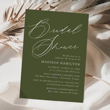 Modern Elegant Script Olive Green Bridal Shower Invitations