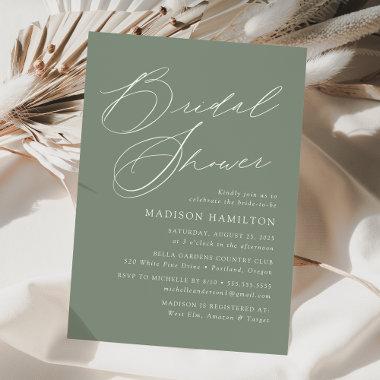 Modern Elegant Script Sage Green Bridal Shower Invitations