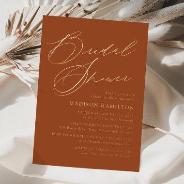Modern Elegant Script Terracotta Bridal Shower Foil Invitations