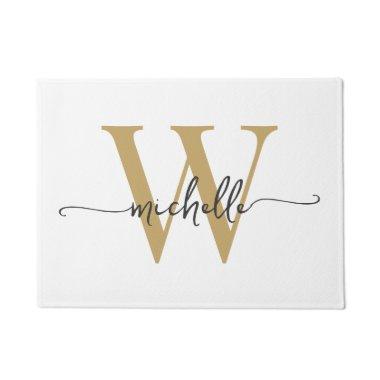 Modern Elegant White and Gold Monogram Name Script Doormat