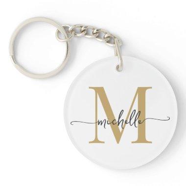 Modern Elegant White Gold Monogram Name Script Keychain