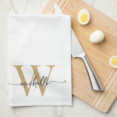 Modern Elegant White Gold Monogram Name Script Kitchen Towel